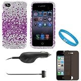 Silver with Purple Rhinestone Design Protective Two Piece Crystal Hard Case Cover for Verizon Wireless New iPhone 4 (16GB, 32GB) 4th Generation and AT&T iPhone 4 + 4-Way Film Privacy Screen Protector for Apple iPhone 4 LCD Display Screen + Apple Licensed Cellet Premium Plug in Car Charger with Blue LED For Apple iPhone 4, 3GS, 3G, iPod Touch, & Nano + SumacLife TM Wisdom Courage Wristband