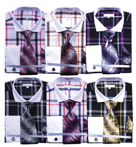 Men's Multi Color Check French Cuff Shirt Tie, Hanky, and CuffLinks
