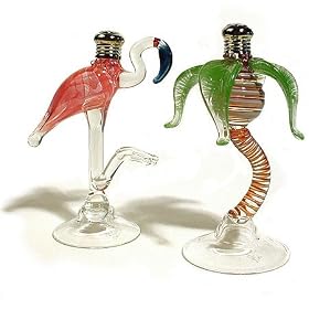 Handblown Glass Salt Pepper Shaker Set - Flamingo and Palm Tree by Modern Artisans
