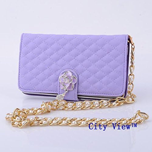 iPhone 6 Case, City View(TM) Multi-purpose Fashion Luxury Camellia Diamond PU Leather Flip Wallet Credit Card Holder Women Handbag with Shoulder Chain Purse Bag Case Cover for Iphone 6 (4.7") (B-Purple)