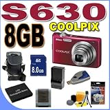 Nikon Coolpix S630 12MP Digital Camera w/ 7x Optical VR Zoom (Ruby Red) BigVALUEInc Accessory Saver 8GB EL12 Battery/Charger Bundle