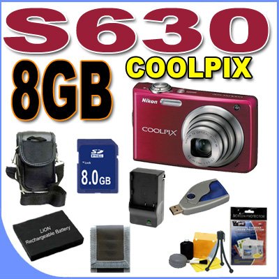 picture of Nikon Coolpix S630 12MP Digital Camera w/ 7x Optical VR Zoom (Ruby Red) BigVALUEInc Accessory Saver 8GB EL12 Battery/Charger Bundle
