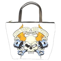 Bucket Bag (Leather) (Purse, Handbag) of Live Fast Die Young Skull Flames and Pistons (Harley Davidson, Hog, Motorcycle Riding, Bike Riding, West Coast Choppers, Orange County Choppers, American Chopper)