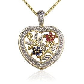 18k Yellow Gold Overlay Ruby and Sapphire Flowers w/ Diamond-Accent Pendant