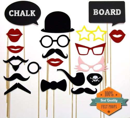 Chalk Board Speach Bubble Photo Booth Props Mustache On A Stick Fun Wedding Birthday Party Favors 16 Piece Set -Includes Lips , Colored Glasses , Pirate Eye Patch, Bow Tie and Pipe