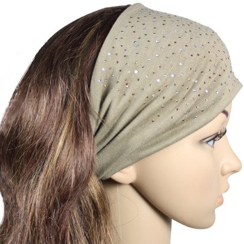 Sparkling Rhinestone and Dots Wide Elastic Headband - Tan
