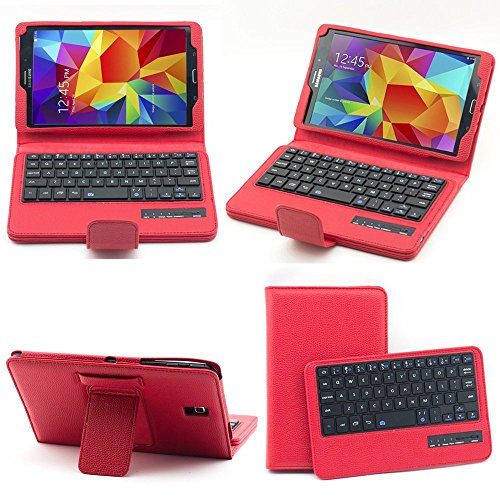 DW Samsung Galaxy Tab S 8.4" SM-T700 / SM-T705C Bluetooth Keyboard folio classic cover case, [FN]+[CAMERA] Icon buttons -self time photo taken Remote Control Camera Shutter Feature,Color:red