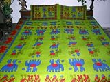 3pc Green Elephants Cotton Print India Bedspread Coverlet King