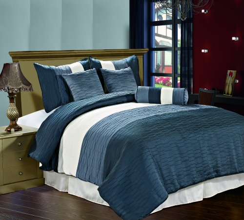 Amber 7 piece Jacquard Comforter Set Slate-Blue, Blue Heaven, Cream Metallic Color Fused Pleating Stripes Bed Cover QUEEN Size Bedding Amber 7 piece Jacquard Comforter Set Slate-Blue, Blue Heaven, Cream Metallic Color Fused Pleating Stripes Bed Cover QUEEN Size Bedding