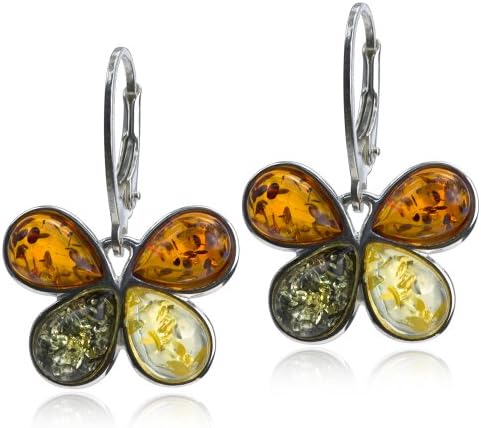 Sterling Silver Multicolor Amber Butterfly Leverback Earrings