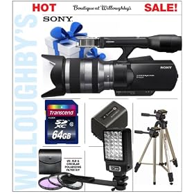 Sony NEX-VG10 1080 HD Interchangeable Lens Handycam Video Camcorder w/ Sony SEL 18200 E-mount 18-200mm (11x) F3.5-6.3 OSS Zoom (27mm-300mm 35mm Equivalent) Lens + 64GB Card + Battery + Tripod + LED Light + 3 Filter Set + Cleaning Kit