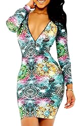 Sexy Long Sleeves Stretchy Spandex General Print Sheath Club Dress/Tunic/Midi Dress 