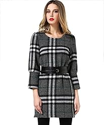 Spring Round Neck Plaid Print Cotton/Polyester/Tweed Shift Belted Long Sleeves  Dress