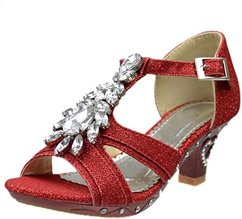 Girls T-Strap Rhinestone Jewel Glitter Pageant Dress High Heel Sandals Red