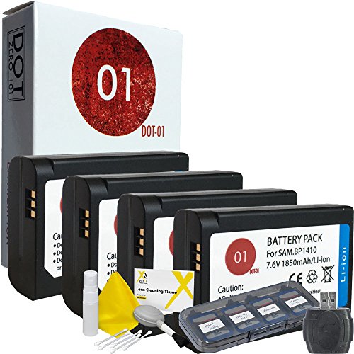 4x DOT-01 Brand 1850 mAh Replacement Samsung BP-1410 Batteries for Samsung NX30, WB2200F Digital Camera and Samsung BP1410 Accessory Bundle