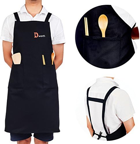 Dworth 100% Cotton Black Apron with Pockets - Kitchen Apron,Chef Apron