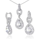 Alluring Design Pear Shape White Cubic Zirconia Pendant Earrings Set in Sterling Silver