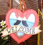 Welcome Flamingos Plaque Decorative Wooden Heart Pink