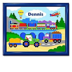 Olive Kids Trains Planes and Trucks Large Framed Art- Gloss Navy Frame by Olive Kids