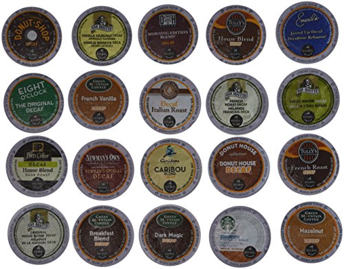 20 Count - Decaf Coffee Sampler K-Cups For Keurig Brewer - 20 different decafs from starbucks, green mountain, donut shop, tully's, caribou, van houtte