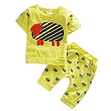 【SEBLES】ベビー 赤ちゃん 男の子 女の子 ユニセックス 半袖 ラウンドネック プリント 羊 無地 可愛い Tシャツ　ズボン ボトムス セット カジュアル コットン 綿(イエロー,80cm)