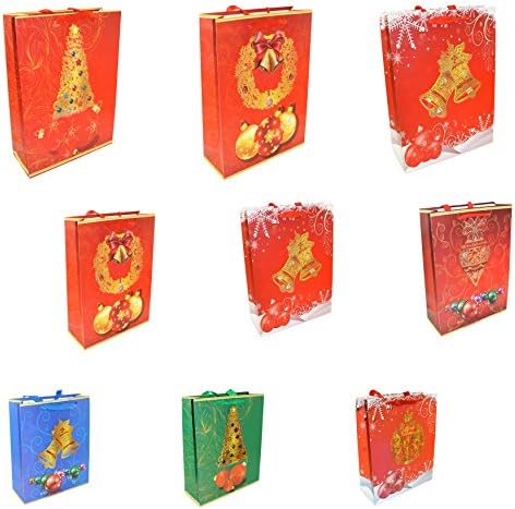 Pack of 9 Christmas Gift Bags, Large, Medium, and Small Size Combo