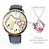 Hello Kitty Classic Ladies Quartz Wrist Watch Black with Hello Kitty Cupid Charm Necklace -- COMBO PACK