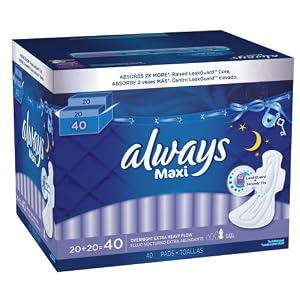 Always Maxi Overnight Extra Heavy Flow Pads With Wings, 40 Count