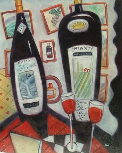 20X24 inch Still Life Oil Painting Wine Bottles and Cups
