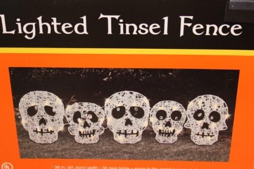 Skulls Lighted Tinsel Fence with 35 Mini Lights - 36 Inches in Width