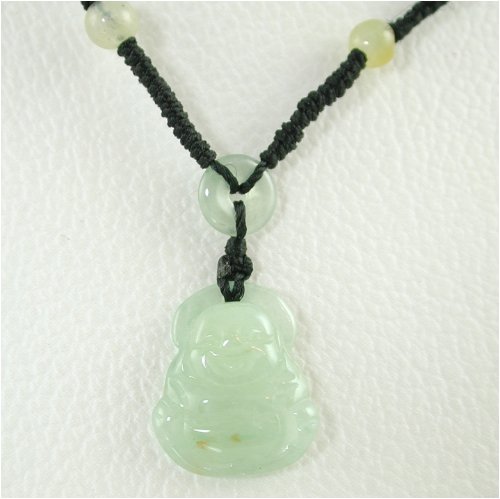 Green Jade Laughing Buddha on Black Braided Cord #8938