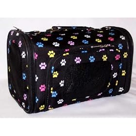 Designer Pet Carrier - Fully Enclosed Luggage Style Pet Carrier - Black with Multi-Colored Paw Prints - Small