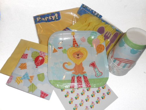 First Birthday Circus Party Supplies - Plates, Napkins, Silverware, Cups, Tablecover & Matching Kiss Labels Favors