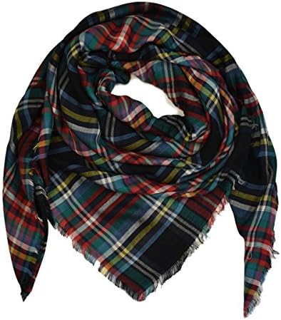 Le Nom Oversized Luxury Yarn Dyed Plaid Pattern Scarf (BLACK)