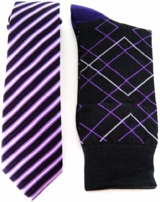 StylishMan Men's Purple Geometric Narrow Silk Tie, Socks, Hanky & Cufflinks Set