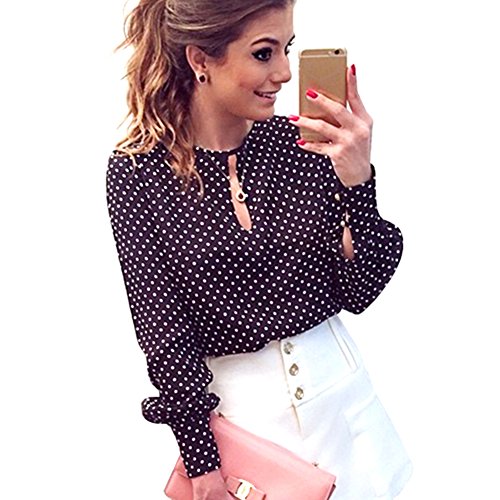 Weixinbuy Women Casual Chiffon Crew Neck Long Sleeve Blouses Polka Dots Shirts