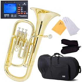 Mendini by Cecilio MBR-20 Lacquer Yellow Brass B Flat Baritone w/ Stainless Steel Valves + Tuner, Case, Mouthpiece & More