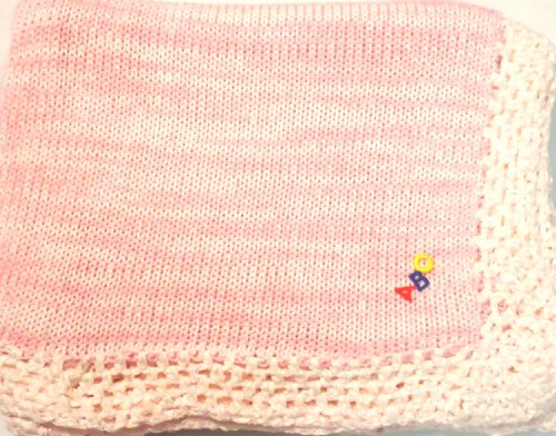 Hand Machine Knitted Finished with Hand Crochet Pink and White Tweed Cotton Infant Girls Forty Five Inch Long Thirty Two Wide Blanket Hand Crochet Trimmed with Pink Chenille and