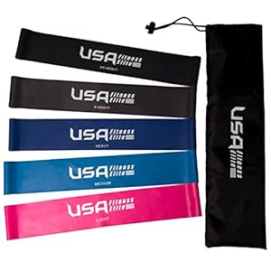 Resistance Loop Bands Set of 5 by USA Fitness Elite - Color Coded, 5 Resistance Options, Durable & Lightweight + Free Carry Back! Extra Long Bands, 12Inch Exercise Band, Workout without a Gym - Quality Latex Retains its Elasticity. Get the Body you Want! Bonus - Online Video and eBook