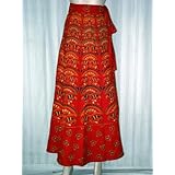 Wrap Skirt- Womens Bohemian Safety Orange Printed Womens Cotton Wrap Skirts 40" Long Free Shipping