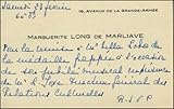 [Villa-Lobos, Hector. (1887 - 1959)] Long, Marguerite. (1874-1966). Autograph Note on Visiting Card regarding Villa-Lobos Jubilee Ceremony.