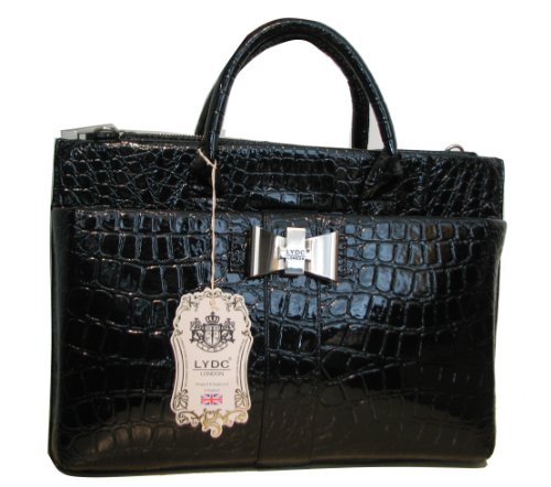 Black Patent Finish Croc Effect Shell Body Laptop Bag 