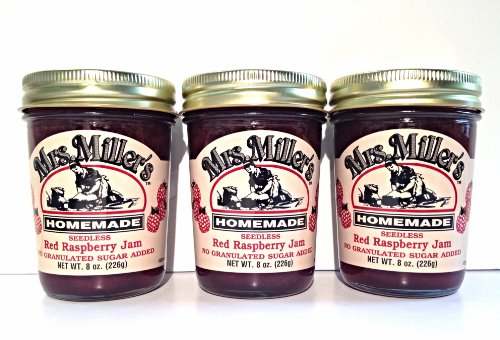 Mrs. Miller's Amish Homemade Seedless Red Raspberry No Granulated Sugar Added Jam 8 oz/226g - Pack of 3 (Boxed)