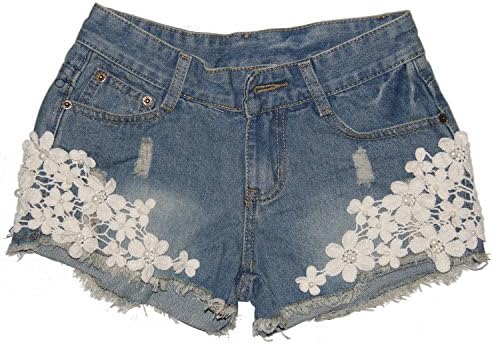 Casual Vintage Womens Lace Flower Jean Shorts Short Pant Trouser Cut-Off Denim