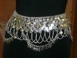 Designer Belly Dance Hip Jewelry Silver Metal Dangling Coin Chains Tribal Belt