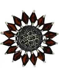 Sterling Silver Marcasite Flower Brooch Pin w/ Diamond Shape Garnet Stones, 1 1/2 in. (38mm)