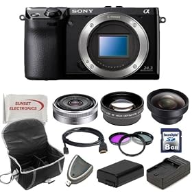Sony Alpha NEX-7 Kit. Package Includes: NEX7 Digital Camera, Sony E-Mount SEL16F28 16mm f/2.8 Wide-Angle Alpha E-Mount Lens (Silver), 2X Telephoto Lens, 0.45X Wide Angle Lens, Filter Kit, Extended Life Battery, Rapid Travel Charger, 8GB Memory Card, Memory Card Reader, HDMI Cable, Soft Carrying Case