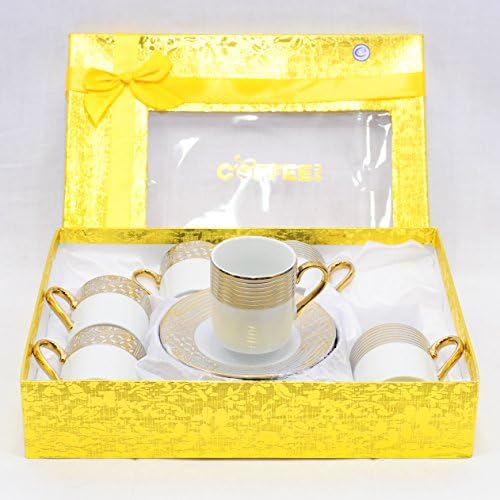 Porcelain Demitasse Cups and Saucers Set of 6 for Espresso or Turkish Coffee Gold