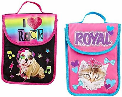 Girl Thing Insulated Lunch Totes Set (2 Pieces - 1 Royal Cat and 1 Rocking Dog School Lunch Bags Pair)