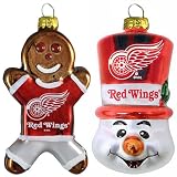 NHL Detroit Red Wings Blown Glass Gingerbread Man & Top Hat Snowman Ornament 2-Pack
